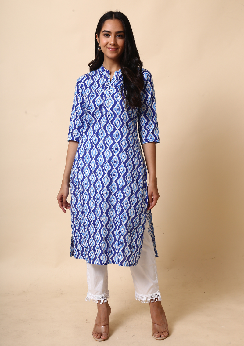 Blue Print Cotton Straight Kurta