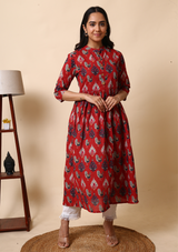 Peacocks Red Printed Cotton Kurta
