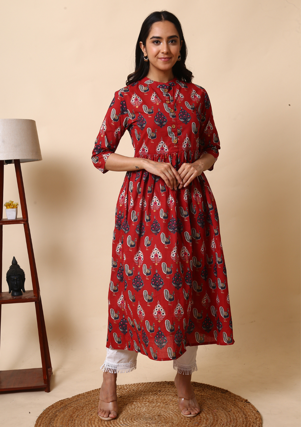Peacocks Red Printed Cotton Kurta