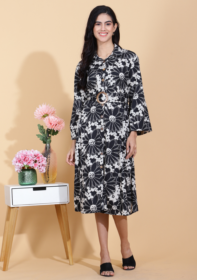 Black Flower Dress With Belt