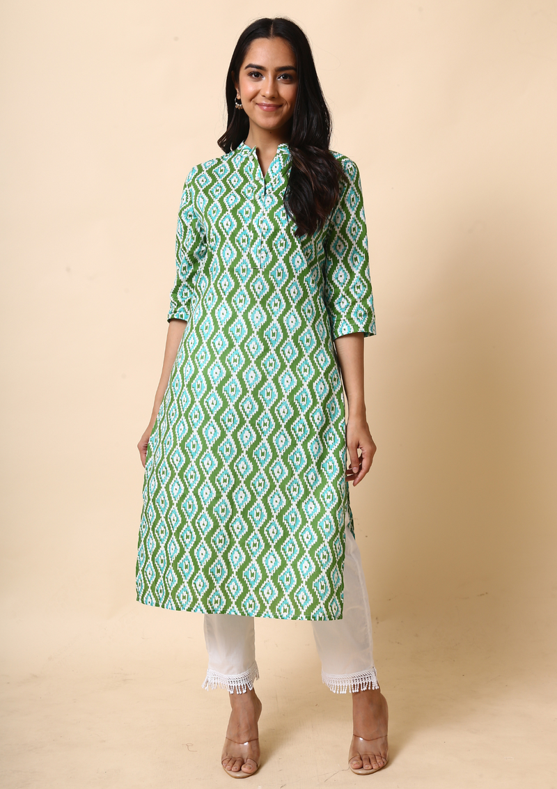 Green Print Cotton Straight Kurta