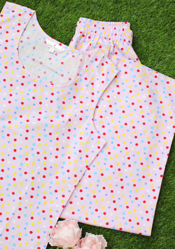 Pink Polka Sleeveless Night Suit Set